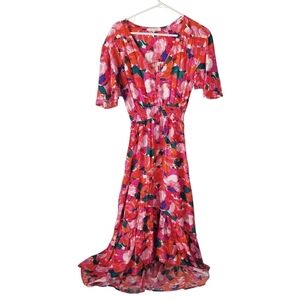 Abel the Label Anthropologie Pink Floral High Low Maxi Dress Flutter Sleeve XS